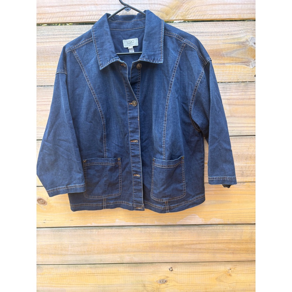 LOGO by Lori Goldstein Blue Denim Jacket Plus Size 18W Stretch Button Front